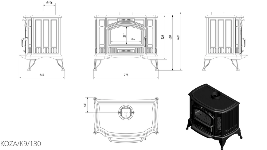 Чугунная печь-камин Kratki KOZA K9 Ø 130 KOZA/K9/130 фото
