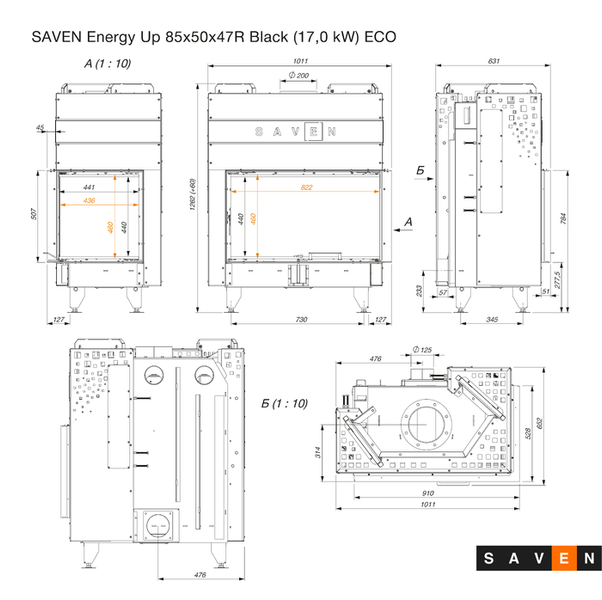 Камінна топка кутова SAVEN Energy Up 85х50х47R Black SE/85/50/47/R/Up/BL фото