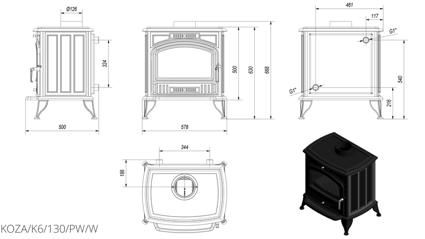 Чугунная печь-камин Kratki KOZA K6 PW Ø 130 KOZA/K6/130/PW/W фото