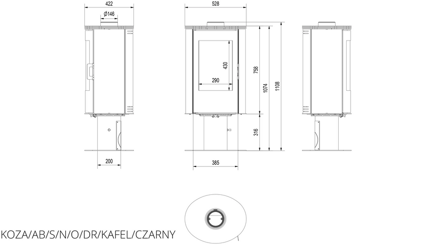 Кафельная печь-камин Kratki KOZA AB S/N/O/DR кафель черная  KOZA/AB/S/N/O/DR/KAFEL/CZARNY фото
