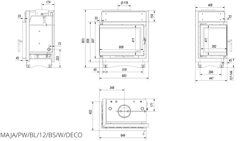 Каминная топка Kratki MAJA PW 12 левая BS DECO MAJA/PW/BL/12/BS/W/DECO фото